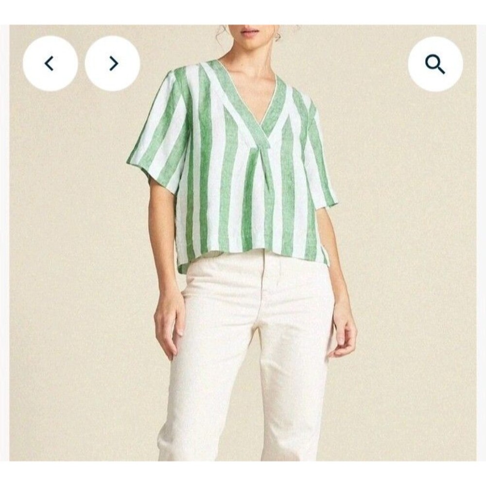Trovata Birds of Paradise Cropped Linen Blouse Green Stripped Short Sleeve XS